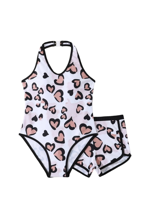 Girls Swimsuit with Swim Shorts, 2 Piece Tankini Set Bathing Suits, Athletic Swimwear Beachwear 2-14 Years White for Size 9-10 Years