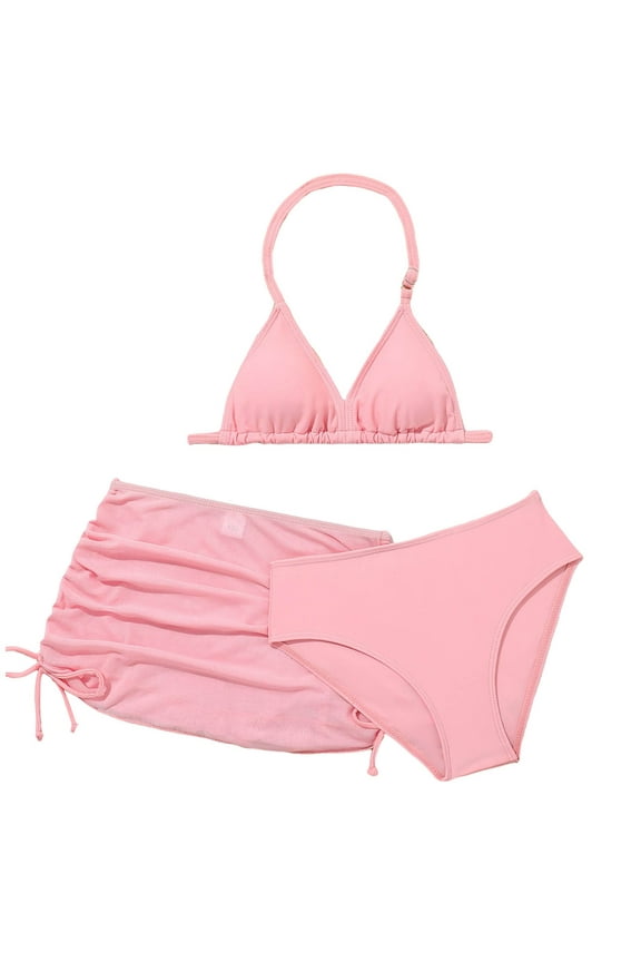 Girls Swimsuits 3 Piece Tankini Bathing Suit Set Kids Child Girl 3 Piece Swimwear Suit Flower Print Bikini Tops Pink for Size 12-13 Years