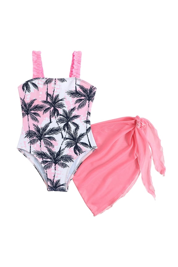 Girls'Swimwear One Piece Kids Swimsuits for Girls Tropical Twist Cross Bathing Suits with Cover Up Skirt Pink for Size 7-8 Years