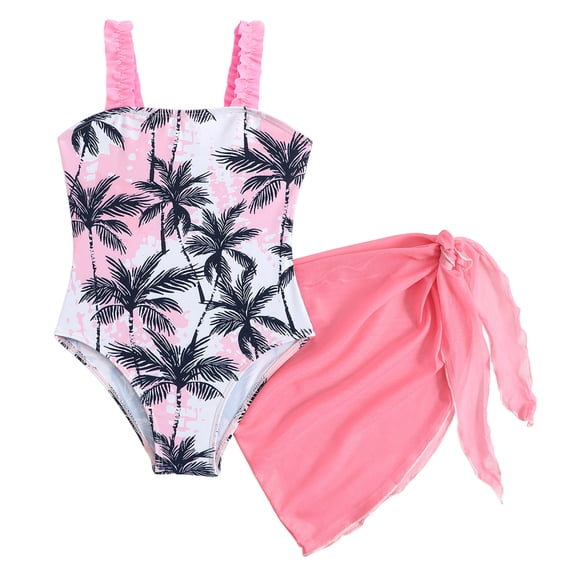 BOBOGOJP Girls'Swimwear One Piece Kids Swimsuits for Girls Tropical Twist Cross Bathing Suits with Cover Up Skirt Pink for Size 7-8 Years