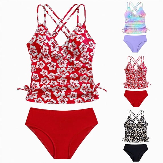 BOBOGOJP Girls Tankini Swimsuit 2-Piece Beach Sport Bathing Suit Set Hawaiian Swimwear for 5-12Years(Beige, 11-12 Years)