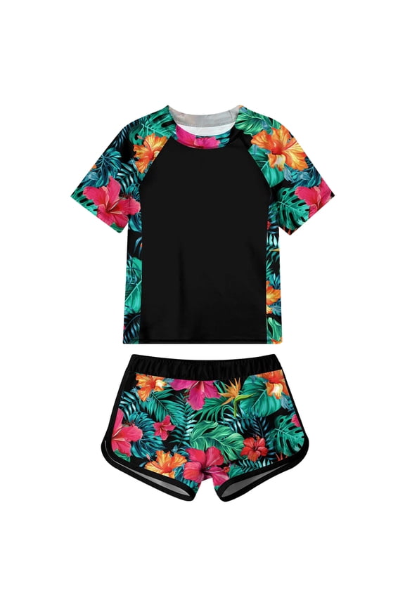 Girls Two Piece Swimsuit Floral UPF 50+ Rash Guard Set Kids Beach Swimwear Red for Size 5-6 Years