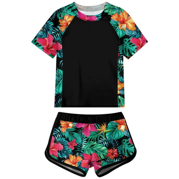 BOBOGOJP Girls Two Piece Swimsuit Floral UPF 50+ Rash Guard Set Kids Beach Swimwear Red for Size 7-8 Years