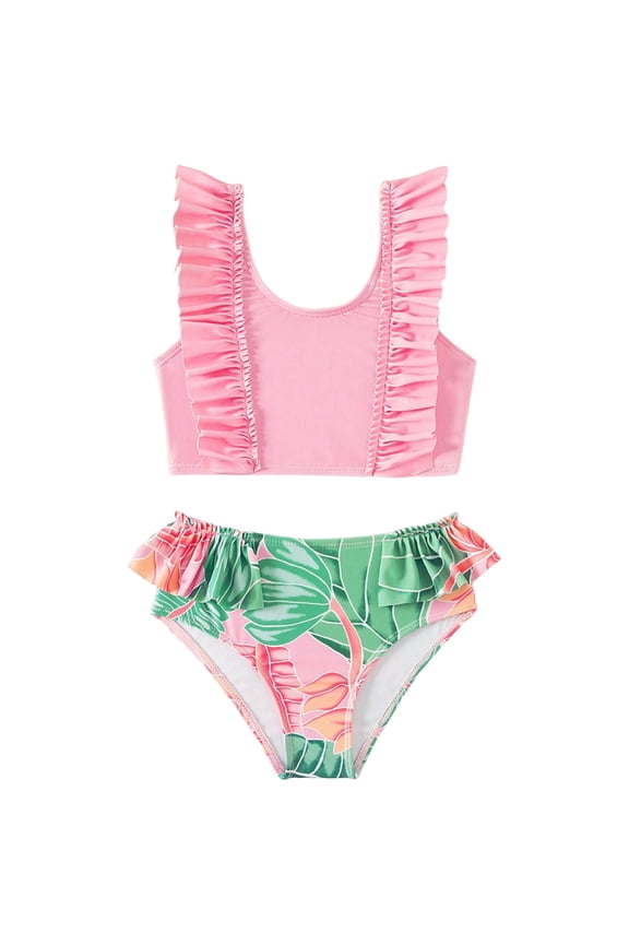 Girls Two Piece Swimsuits Ruffled Kid Bikini Sets Adjustable Straps Bathing Suits Toddler Beach Swimwear 3-12 Years Pink for Size 5-6 Years