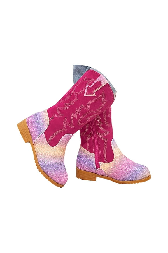 Girls Waterproof Glitter Sequins Leather Lace up Knee High Winter Fashion Mid Calf Combat Riding Boots (Toddler/Little Kid/Big Kid) Watermelon Red for Size 1