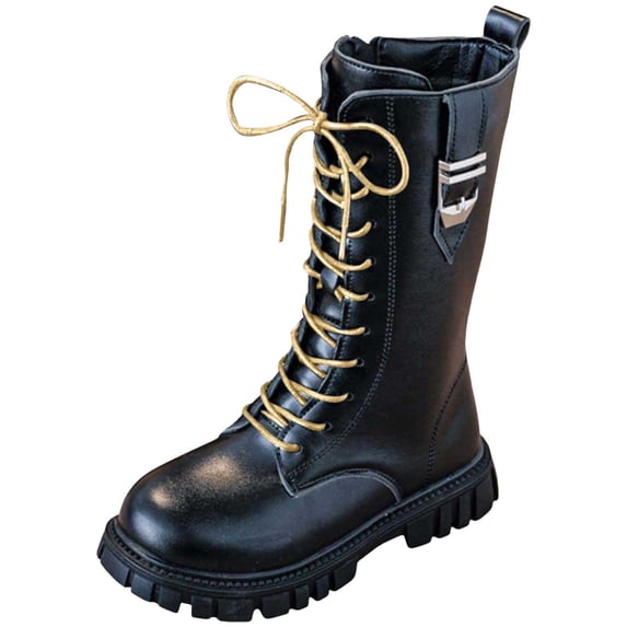 BOBOGOJP Girls White Combat Boots Mid Calf Lace Up Riding Boots Fleece Linen PU Leather Side Zipper Punk Goth Boots for Kids Black for Size 13.5