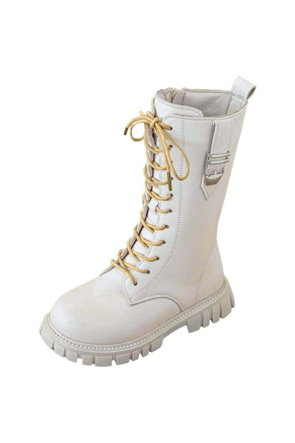 Girls White Combat Boots Mid Calf Lace Up Riding Boots Fleece Linen PU Leather Side Zipper Punk Goth Boots for Kids White for Size 13