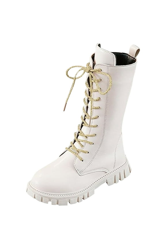 Girls White Lace-Up Combat Boots with Side Zipper, Knee-High Lug Sole Dress/School Boots – Toddler/Little/Big Kids White for Size 10