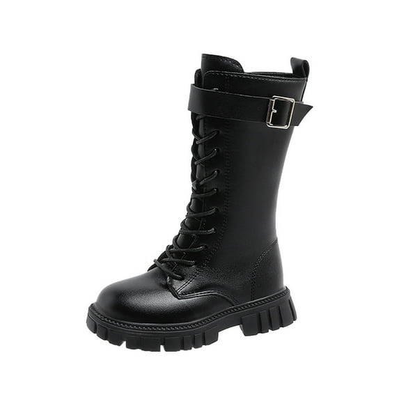 BOBOGOJP White Kids Combat Boots for Girls Mid Calf Combat Boots PU Leather Side Zipper Punk Goth Boot Kids Cute White Riding Boot Black for Size 1