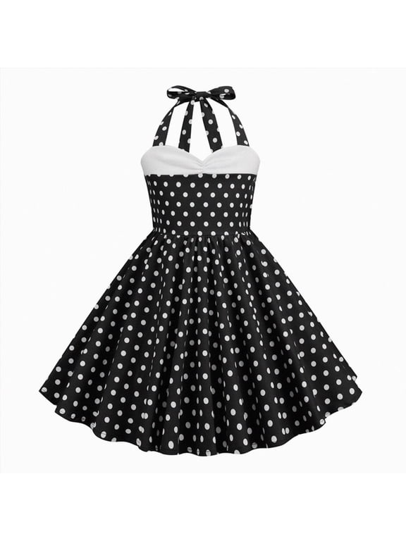 Halter Pinup Dresses for Girls 50s Pin up Dress Girls Retro Dress 1950s Vintage Dress Kids A line Party 50's Polka Dot Dress Black,Size 11-12 Years