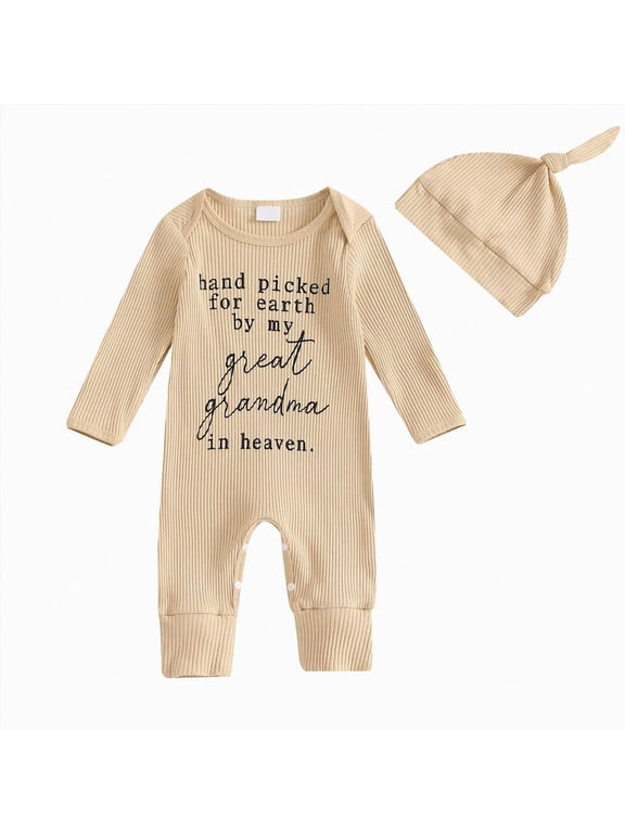 Hand Picked For Earth By My Great Grandpa Grandma In Heaven Newborn Baby Boy Girl Fall Clothes Romper Jumpsuit +Hat Beige for Size 3-6 Months