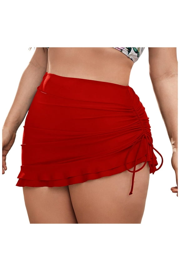 High Waisted Swim Skirt - Women Drawstring Ruched Bathing Suit Bottoms with Built-in Brief Red for Size 3XL