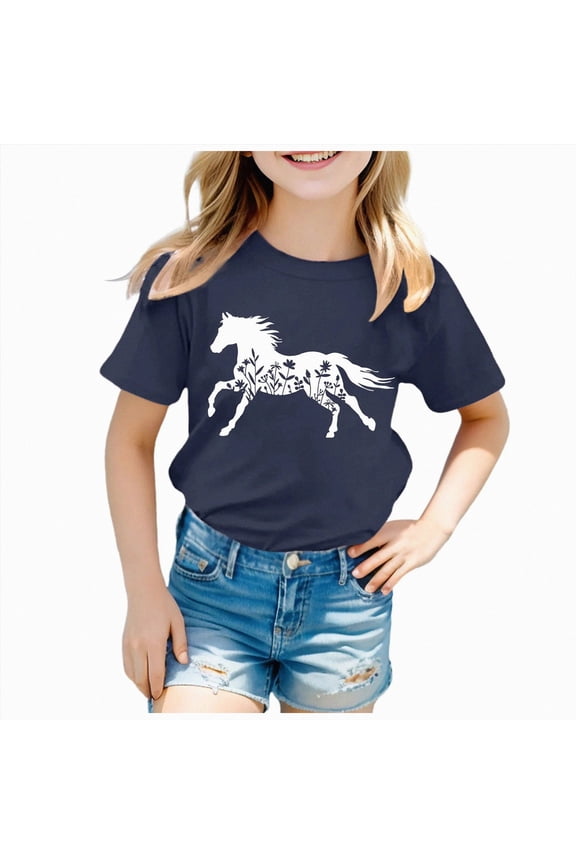 Horse Shirt Girls Western Shirt Cowgirl Tshirts Horse Riding Tee Animal Lover Gift Graphic Tees Tops Navy for Size 3-4 Years