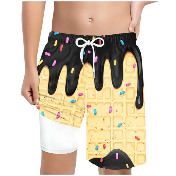 BOBOGOJP Ice Cream Boy Swim Trunks Waffle Or Cone Quick Dry Bathing Suit Swimsuit,Toddler Beach Board Shorts 2-16Years Black for Size 10-13 Years