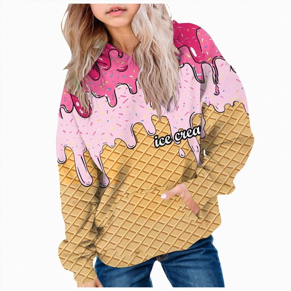 BOBOGOJP Ice Cream Hoodies Boys Cute Ice Cream Drip Baseball Sweatshirt Y2k Long Sleeve Pullover Tops Youth Streewear with Pockets Red,Size 13-14 Years