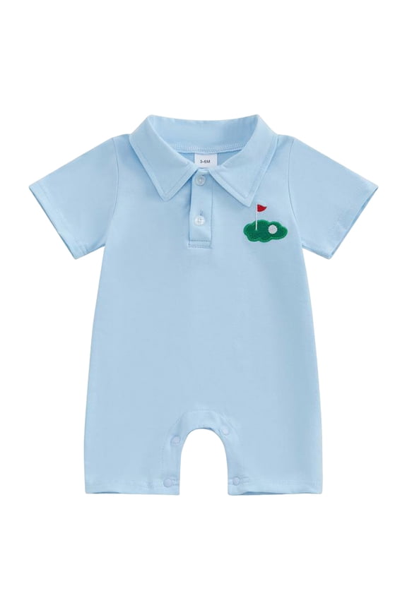 Infant Baby Boy Golf Clothes Golf Short Sleeve Jumpsuit Button Down Polo Romper Summer One Piece Outfit(Light Blue, 12-18 Months)