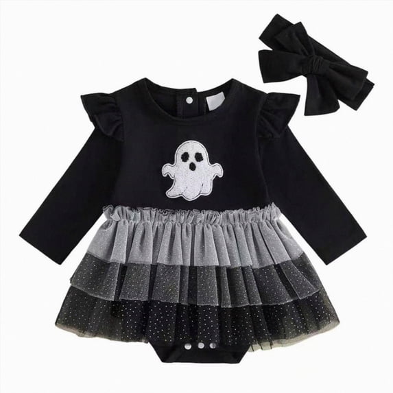 BOBOGOJP Infant Baby Girl Halloween Clothes Long Sleeve Romper with Lace Tutu Skirt Newborn Pumpkin Outfit Ghost Outfit Black for Size 12-18 Months
