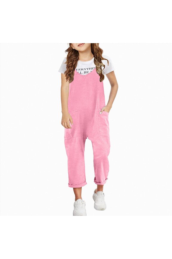 Jumpsuits for Girls Casual Sleeveless Loose Spaghetti Strap Summer Rompers Long Pants with Pockets Pink for Size 8-9 Years