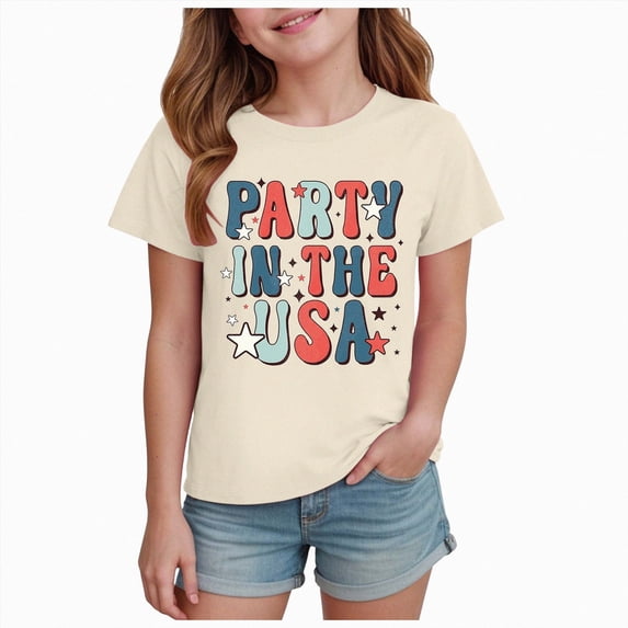 BOBOGOJP Kid 4th of July T-Shirts Girls American Flag Shirt Patriotic Top Short Sleeve Tees Beige for Size 7-8 Years