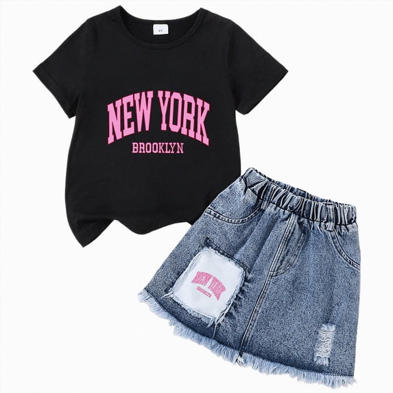 BOBOGOJP Kid Girls Clothes Outfits Bowknot T-Shirt + 2 In 1 Denim Short Skort Summer Clothing Set, Size 4-10