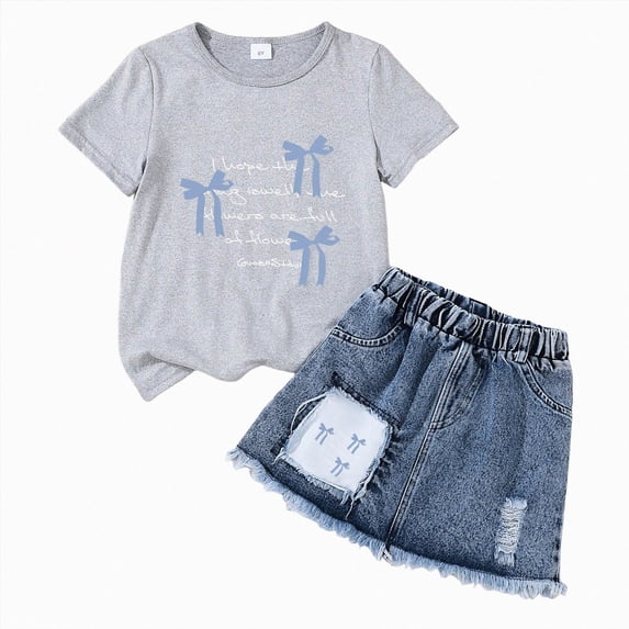 BOBOGOJP Kid Girls Clothes Outfits Bowknot T-Shirt + 2 In 1 Denim Short Skort Summer Clothing Set, Size 4-10