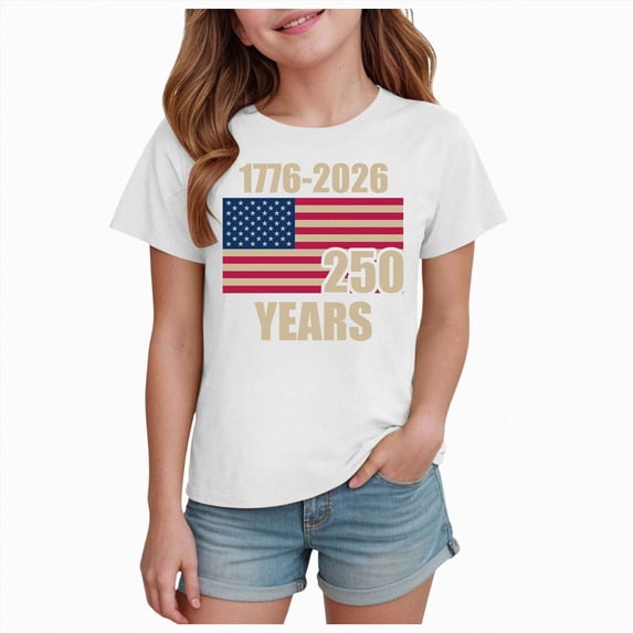 BOBOGOJP Kid Toddler Girl 4th of July Shirt 250th Anniversary T-Shirt 1776 2026 Tees Independence Outfit White for Size 13-14Years