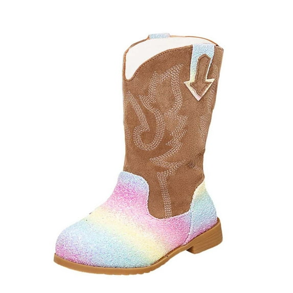 BOBOGOJP Kids Cowboy Boots Girls Mid Calf Sparkly Glitter Western Cowgirl Boots Side Zipper (Toddler/Little Kid/Big Kid) Khaki for Size 1