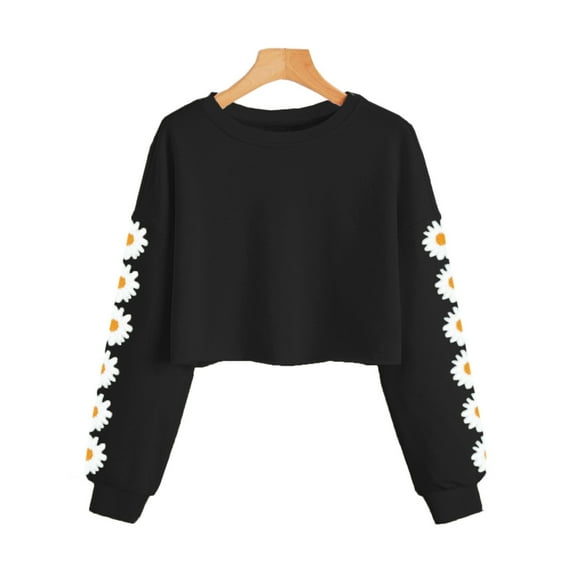 BOBOGOJP Kids Crop Tops Girls Long Sleeve Tee Shirts Cute Daisy Pinted Fashion Sweatshirt Pullover Top (Black,4-5 Years)
