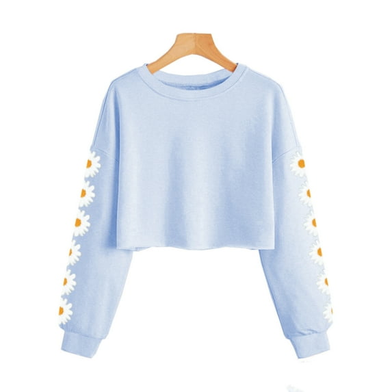 BOBOGOJP Kids Crop Tops Girls Long Sleeve Tee Shirts Cute Daisy Pinted Fashion Sweatshirt Pullover Top (Sky Blue,6-7 Years)