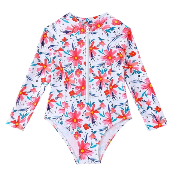 BOBOGOJP Kids Girls Rash Guard Long Sleeve One Piece Swimsuits Zipper Bathing Suits UPF 50  Tropical Flowers Ages 3-12 Red for Size 7-8 Years