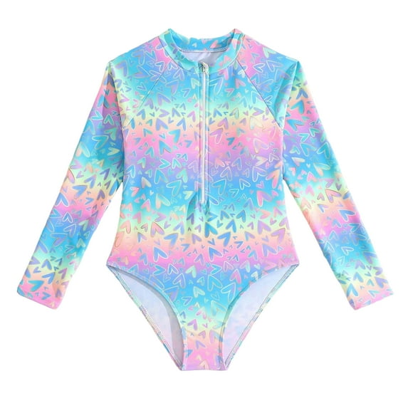 BOBOGOJP Kids Girls Rash Guard Long Sleeve One Piece Swimsuits Zipper Bathing Suits UPF 50+ Tropical Flowers Blue for Size 7-8 Years