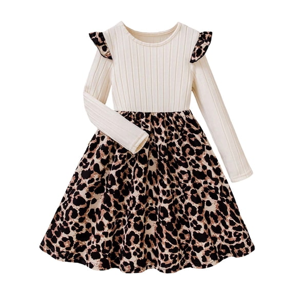 BOBOGOJP Kids Girls Rib Knit Long Sleeve Bodice Leopard Print Princess Party Dress Autumn Winter Dress Age 7-12 Years Beige for Size 8 Years