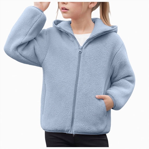 BOBOGOJP Kids Hooded Fleece Jacket Boys Girls Full Zip Hoodie Toddler Coat 3-12Years Light Blue,Size 15-16 Years