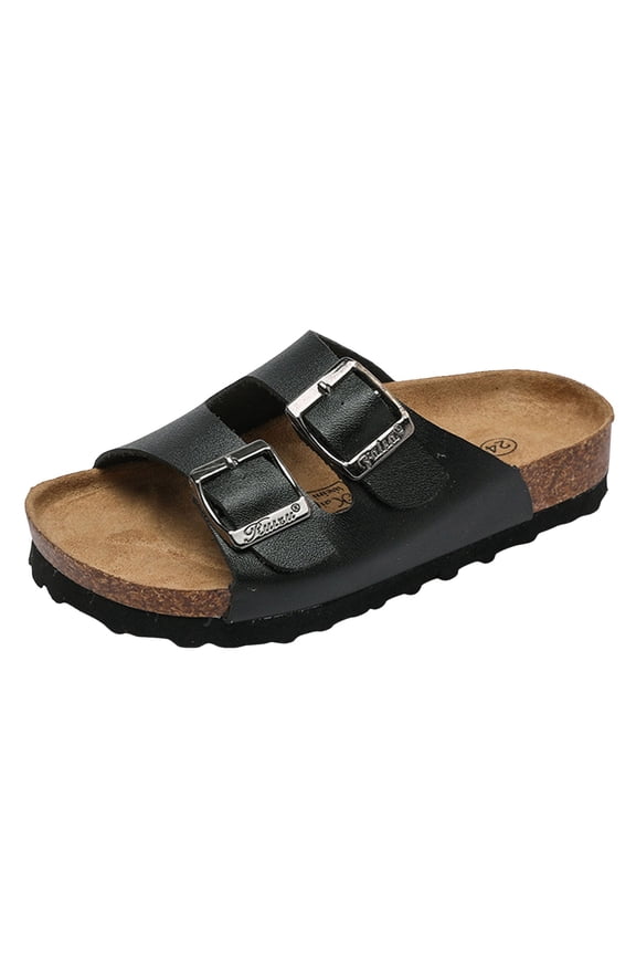 Girls Leather Slide Sandals - Natural Cork Footbed, Non-Slip Kids Sandals for Girls & Boys Black for Size 12