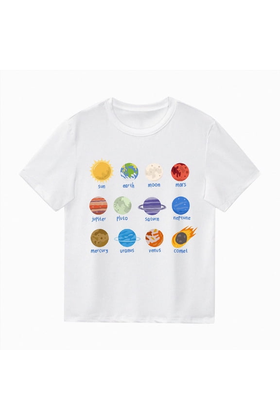 Kids Toddler Boys Girls Solar System Planets Science Space Shirt Short Sleeve T-Shirt(White,5-6 Years)