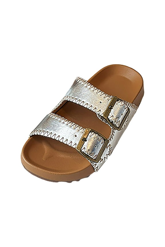 Leather Slides For Kids - Natural Cork Footbed Slides for Kids Sandals for Girls & Boys - Non-Slip Boys & Girls Sandals Silver for Size 12.5