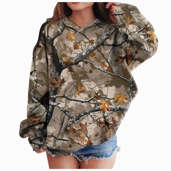 BOBOGOJP Light Camo Hoodies for Teen Girls Cute Sweatshirt Maple Leaf Print Oversized Fleece Sweatshirts Pullover Tops with Pocket (Brown, 7-8 Years)