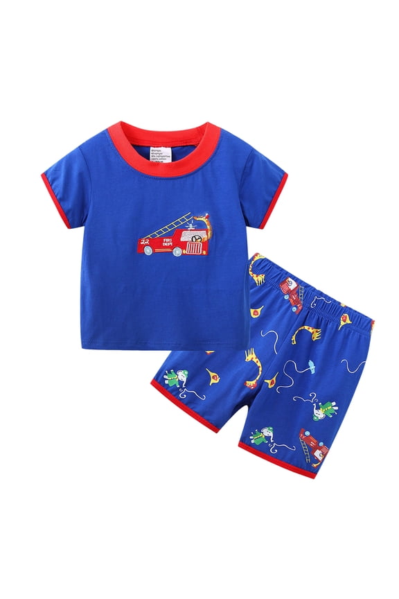 Little Boys Short Set Pajamas for Boys Cotton Toddler Train Dinosaur Sleepwear Summer Clothes Blue for Size 6-7 Years