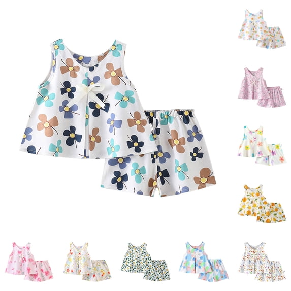 BOBOGOJP Little Girls Shorts Sets Floral Pattern Summer Sleeveless 2 Piece Outfits Yellow for Size 4-5 Years
