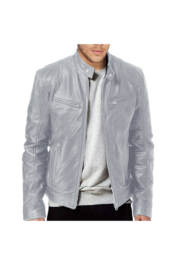 Men's Casual Faux Leather Patchwork Denim Jacket Lightweight Trucker Jackets Motorcycle Jacket Washed Jean Jacket (Gray,5XL)