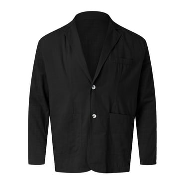 BOBOGOJP Mens Cotton Linen Blazer Summer Lightweight Thin Casual Sport Coat Solid Two Button Pocket Suit Jacket Big&Tall (Black,XXL)