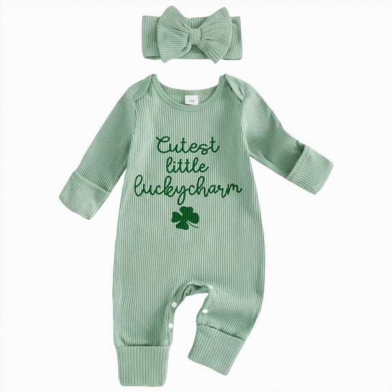 BOBOGOJP My First St Patricks Day Baby Girl Outfit Newborn Clover Romper Long Sleeve Jumpsuit Spring Infant Clothes Light Green for Size 0-3 Months