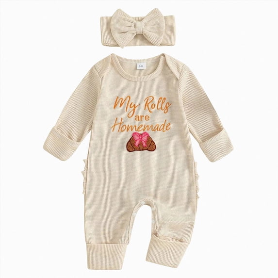 BOBOGOJP My First Thanksgiving Baby Girl Outfit Newborn Homemade Rolls Onesie Waffle Knit Romper Jumpsuit Cute Clothes White for Size 0-3 Months