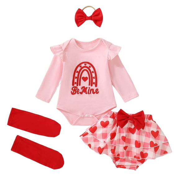 BOBOGOJP My First Valentines Day Outfits Clothes Dress Baby Girl Bubble Romper+Tiered Ruffle Shorts Blommers Bow Socks Set Red for Size 0-3 Months