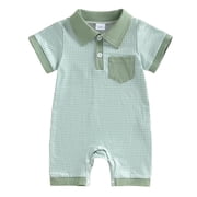 BOBOGOJP Newborn Baby Boy Summer Clothes Short Sleeve Lapel Jumpsuit Collar Plaid Romper Onesie Cute Infant Baby Boy OutfitGreen, 3-6 Months