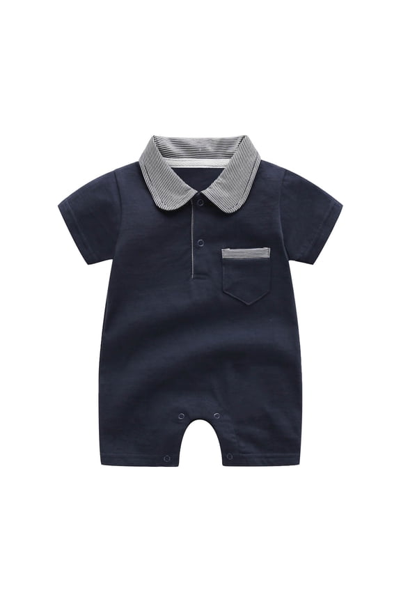 Newborn Baby Boy Summer Clothes Short Sleeve Lapel Jumpsuit Collar Plaid Romper Onesie Cute Infant Baby Boy Outfit(Navy, 9-12 Months)