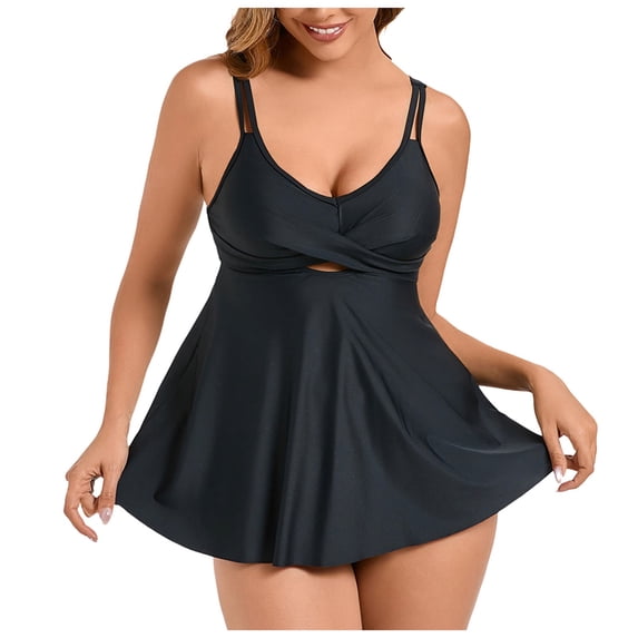 BOBOGOJP Plus Size Two Piece Swimsuits for Women Tankini Bathing Suits Flowy Swim Dress with Shorts Black for Size 2XL