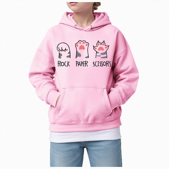 BOBOGOJP Rock Paper Scissors Hoodies for Teen Girls Cats Paw Graphic Oversized Sweatshirt Long Sleeve Aesthetic Preppy Clothes Pink,Size 8-9 Years