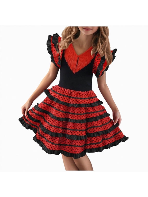 Spanish Flamenco Dress for Girl with Ruffles on The Skirt with Detail of Ruffles and Polka dots on The Skirt Black,Size 1 Years