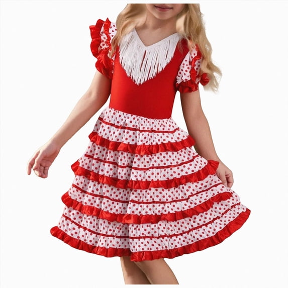 BOBOGOJP Spanish Flamenco Dress for Girl with Ruffles on The Skirt with Detail of Ruffles and Polka dots on The Skirt White,Size 8-9 Years